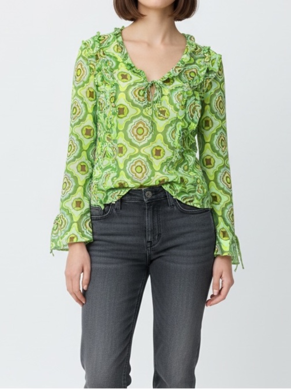 Zara Retro Geometric Semi Sheer Blouse XS 70s Print, Indie Sleeze Y2K Boho